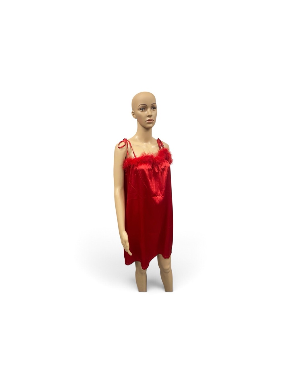 Fashion Nova Red Satin Feather-Trim Slip Chemise